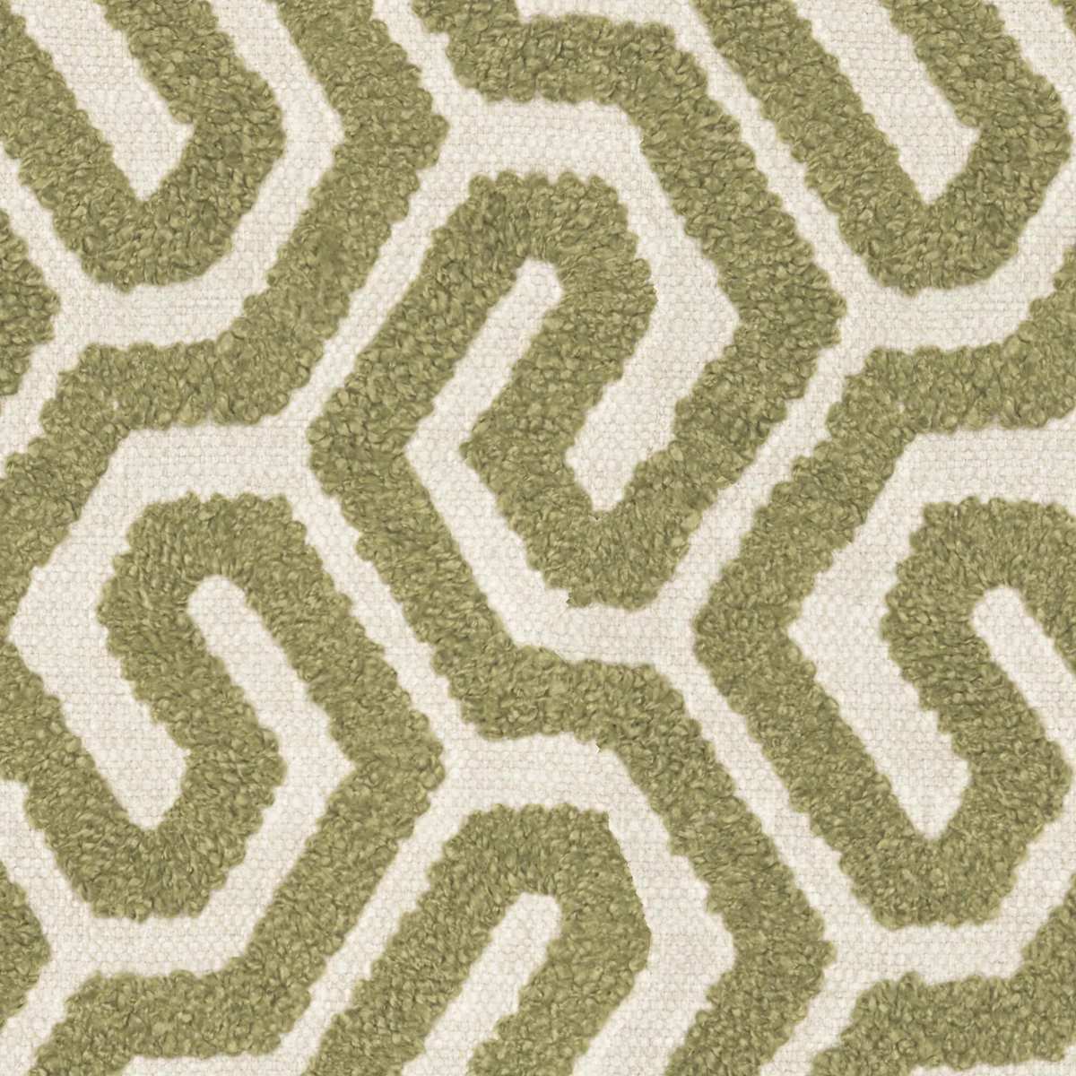 Olive-avocado looped geometric texture on a softly flecked cream woven ground