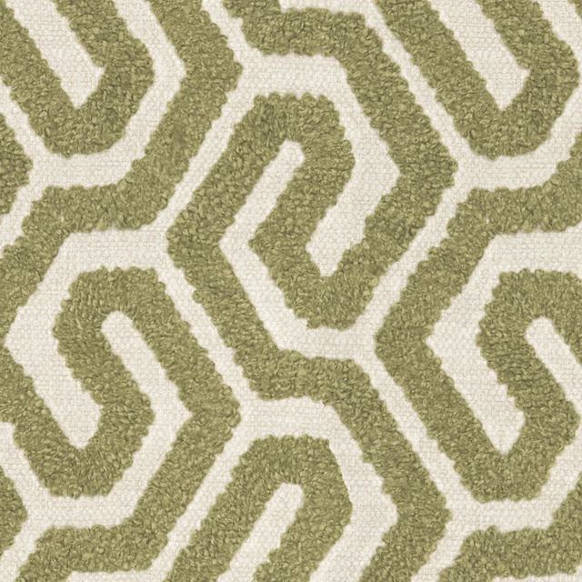 Olive-avocado looped geometric texture on a softly flecked cream woven ground