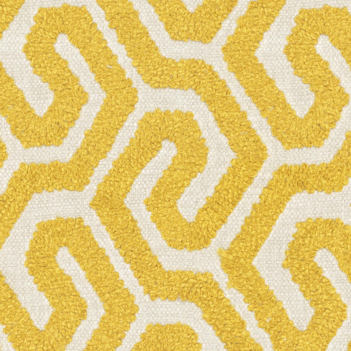 Textured sunshine-yellow looping geometric pattern on an ivory fabric ground
