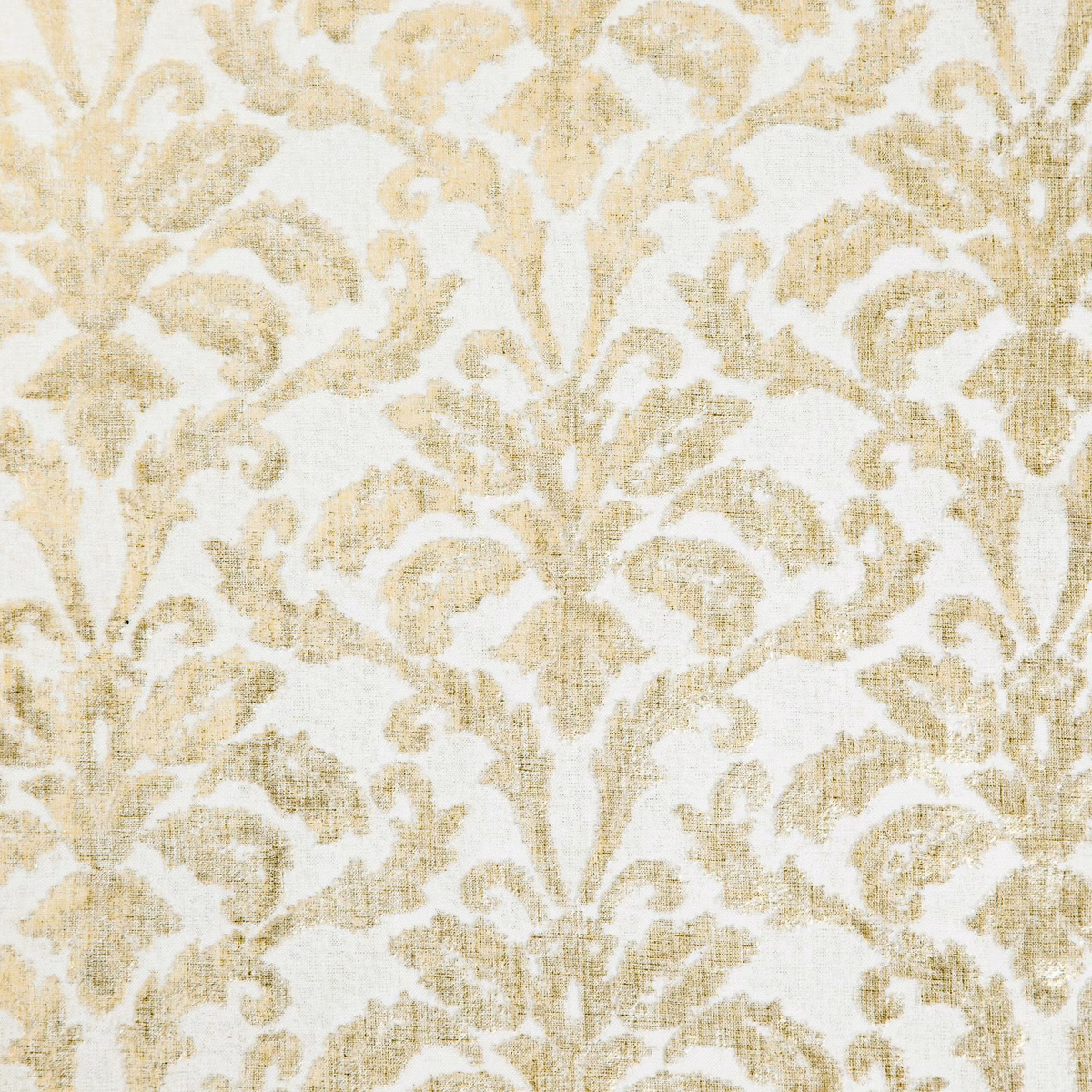 Ivory woven fabric with softly distressed honey damask leaves and scrolling foliage