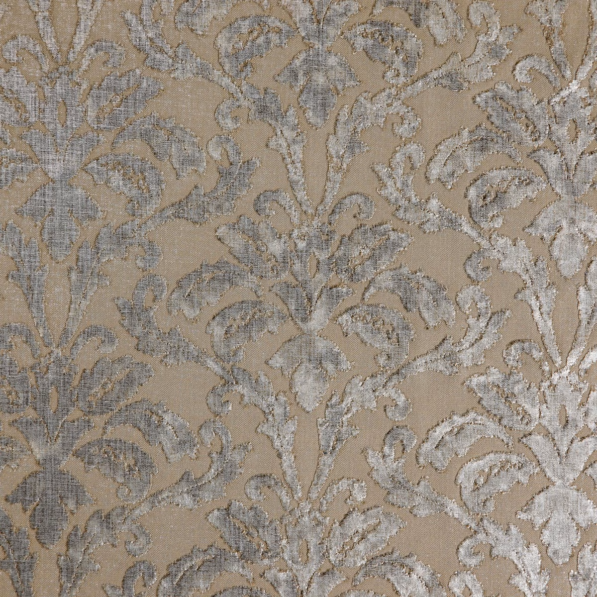 Warm taupe damask with raised silver-grey foliage and softly mottled woven texture
