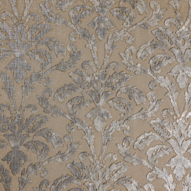Warm taupe damask with raised silver-grey foliage and softly mottled woven texture