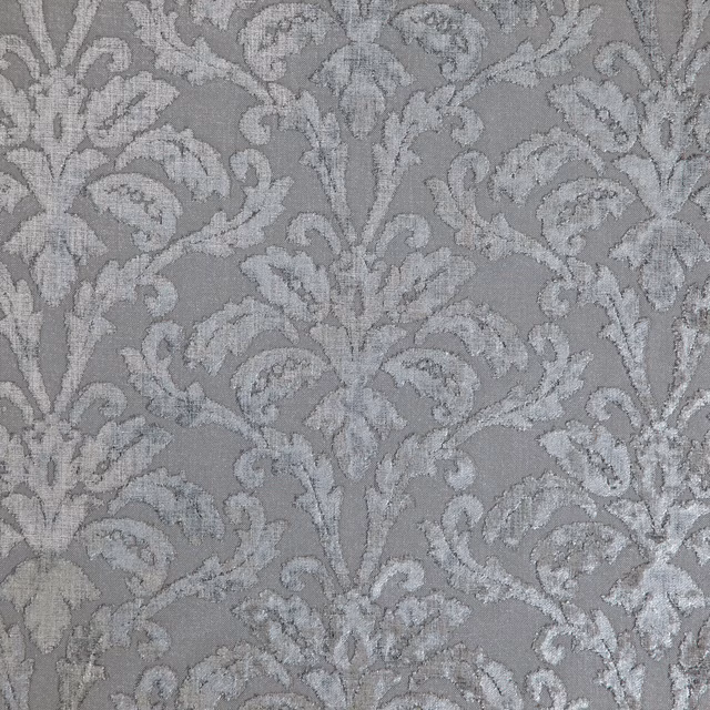 Cool grey damask fabric with raised silver foliage and scrolling leaves