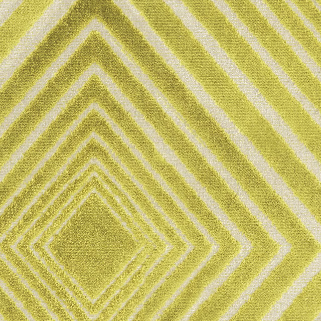Lime-yellow woven Baroque fabric with pale chevrons and nested diamond motif
