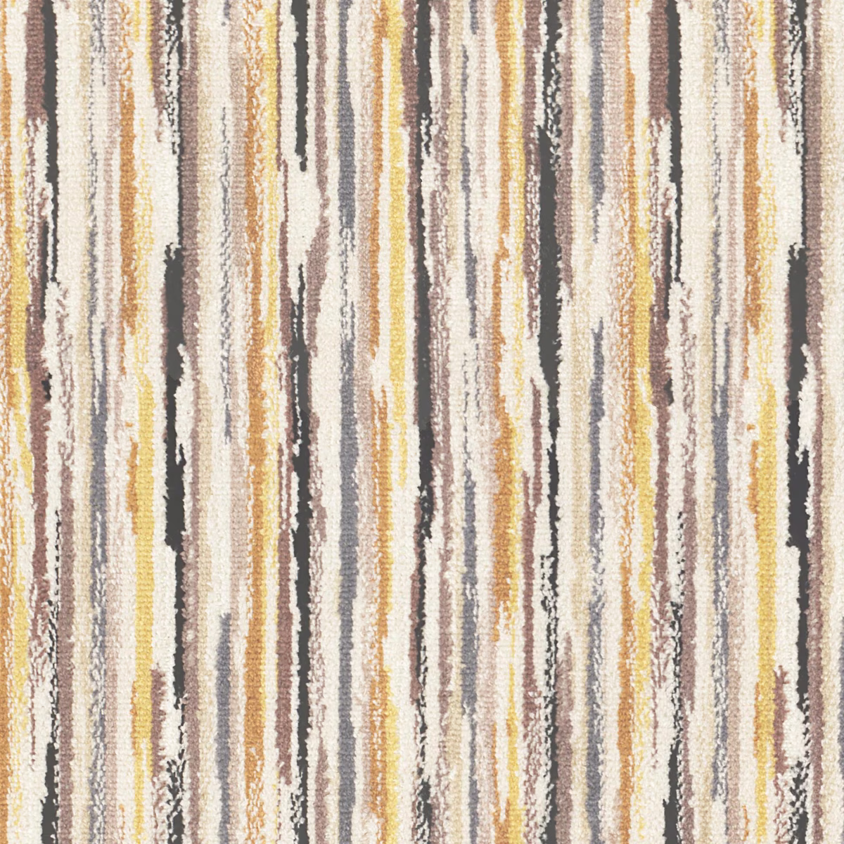 Nubby woven fabric with cream, ochre, taupe and charcoal irregular vertical stripes