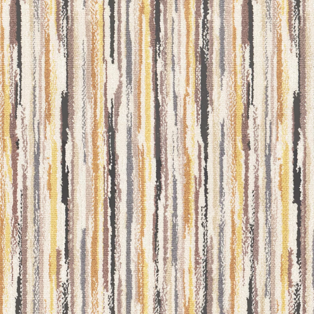 Nubby woven fabric with cream, ochre, taupe and charcoal irregular vertical stripes