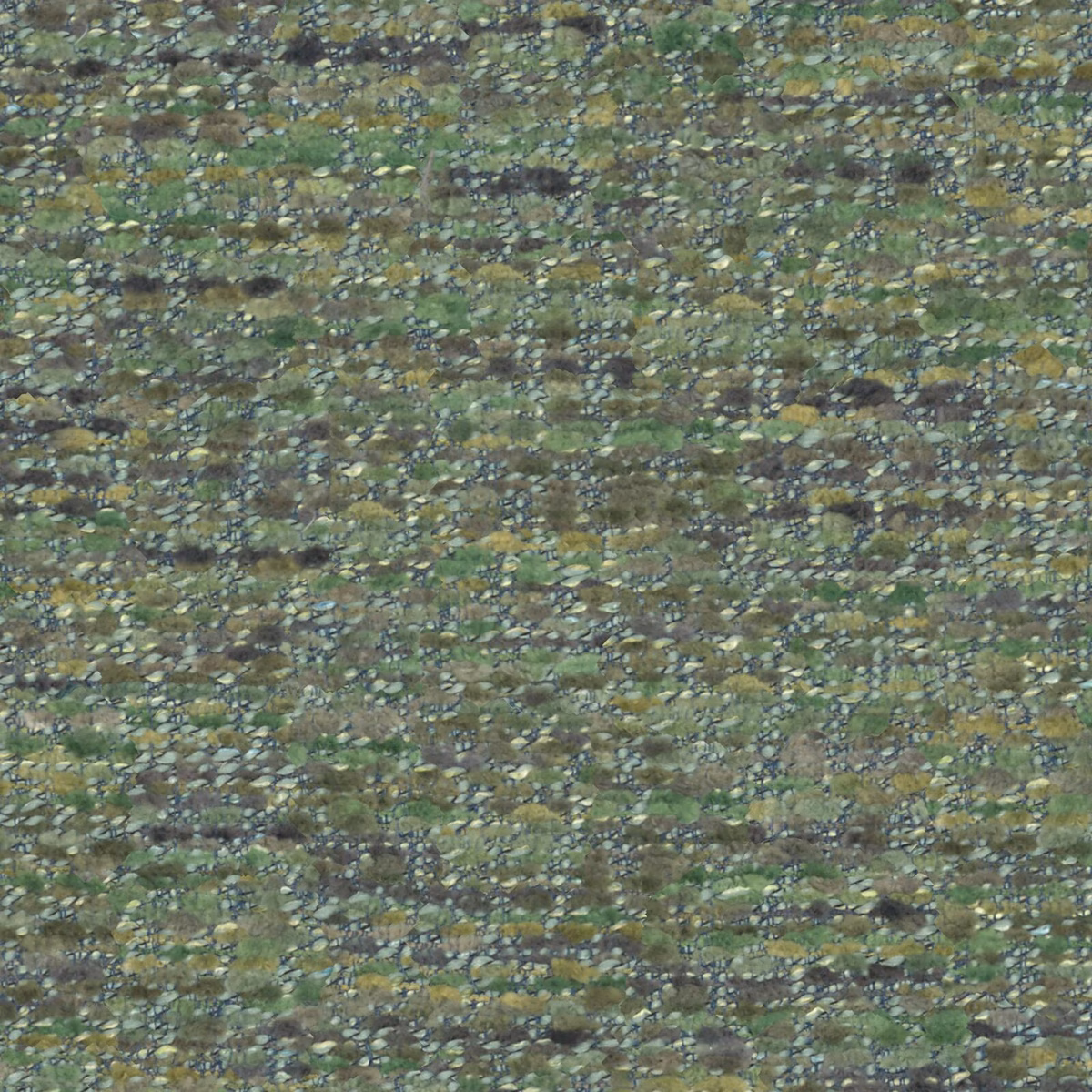Mottled apple-olive woven textile with grey, ochre and cream flecks