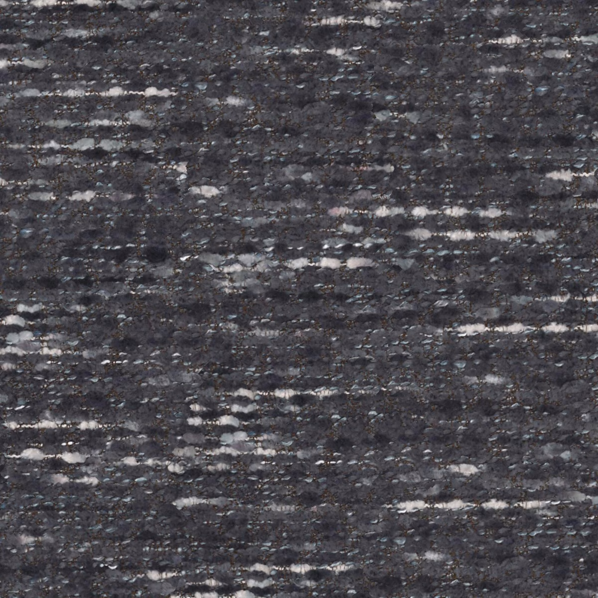 Dark charcoal textile with broken pale horizontal flecks and a dense slubbed weave