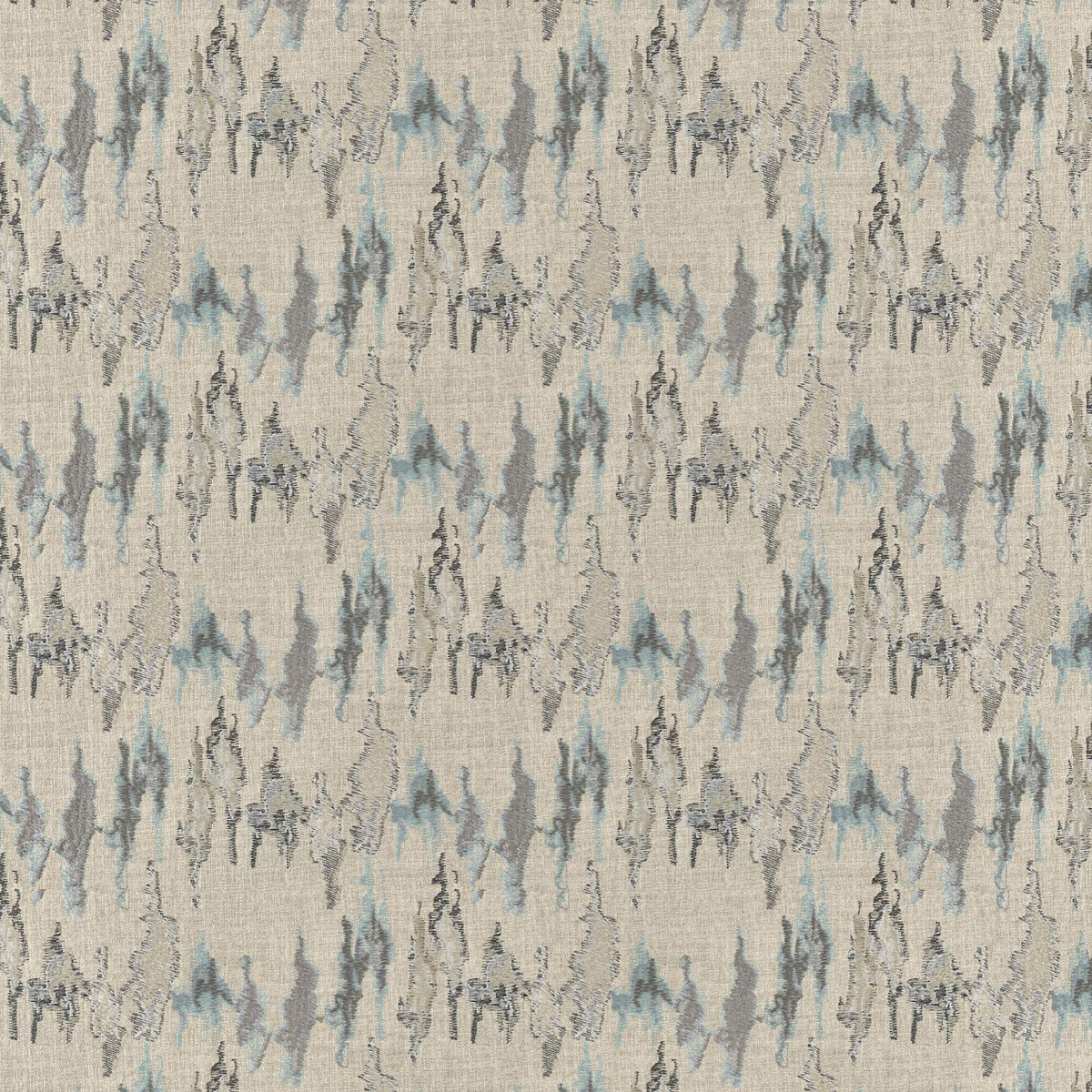 Pale greige woven fabric with blue-grey abstract vertical brushstroke motifs