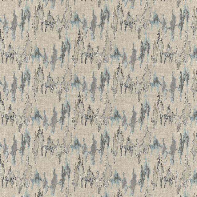 Pale greige woven fabric with blue-grey abstract vertical brushstroke motifs
