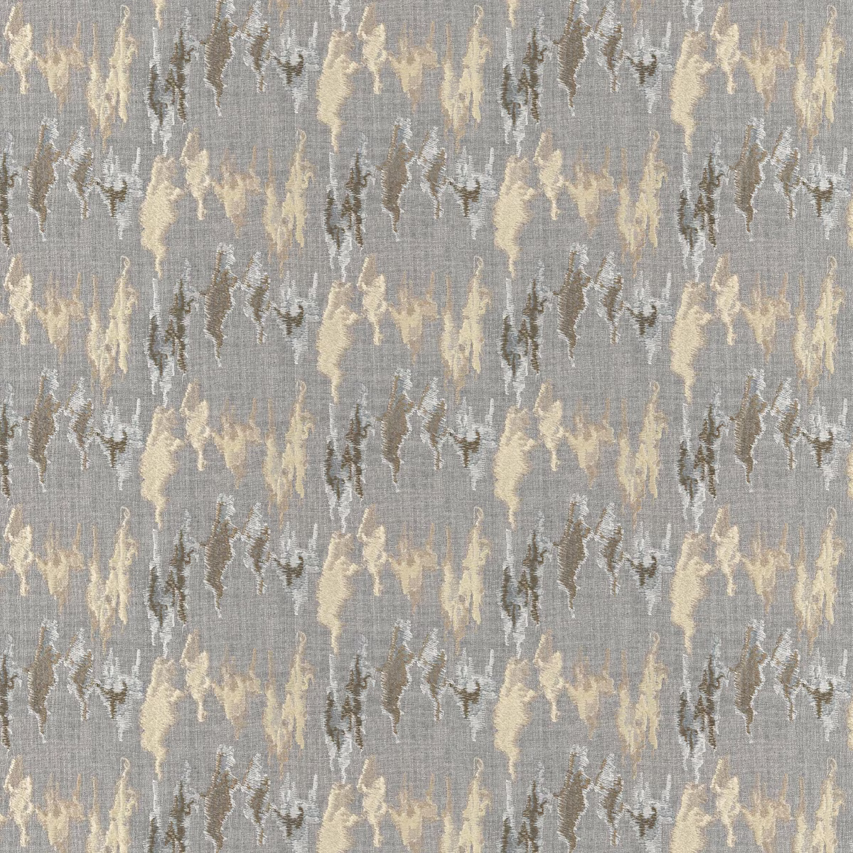 Blue-grey woven fabric with ivory, taupe and charcoal distressed vertical motifs