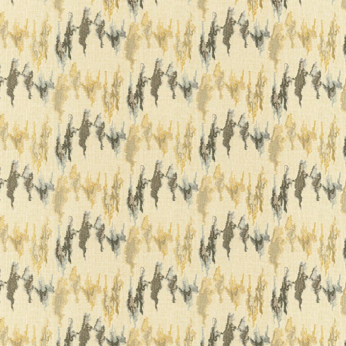 Warm cream woven fabric with ochre, grey and charcoal abstract vertical marks