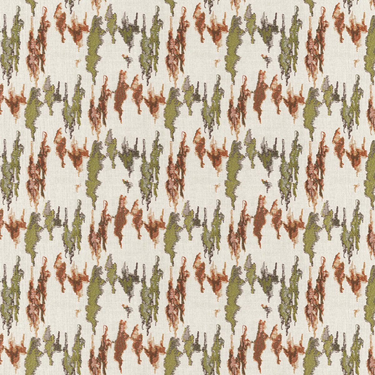 Cream woven swatch with repeating olive, rust and brown painterly vertical motifs