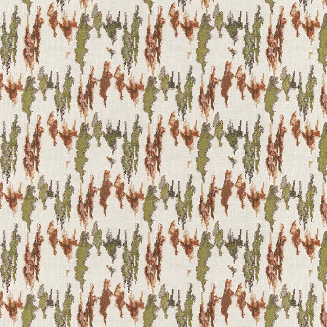 Cream woven swatch with repeating olive, rust and brown painterly vertical motifs