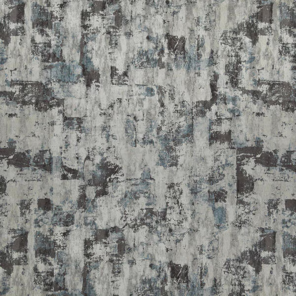 Cool blue-grey fabric with charcoal blocks and distressed painterly vertical marks