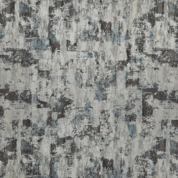 Cool blue-grey fabric with charcoal blocks and distressed painterly vertical marks