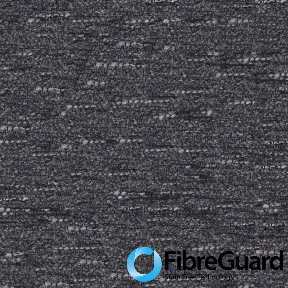Close-up of dark charcoal-grey woven fabric with pale flecks and horizontal slubs