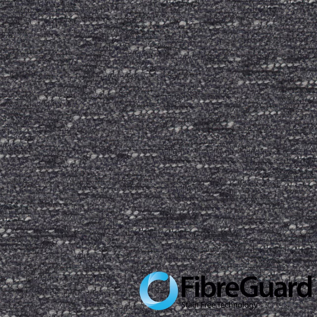 Close-up of dark charcoal-grey woven fabric with pale flecks and horizontal slubs