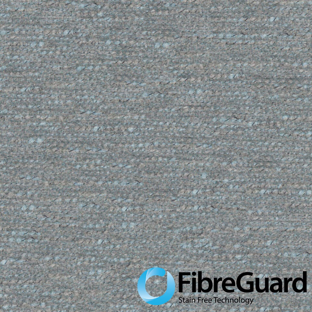 Cool grey-blue woven swatch with fine horizontal slubs and soft taupe flecks