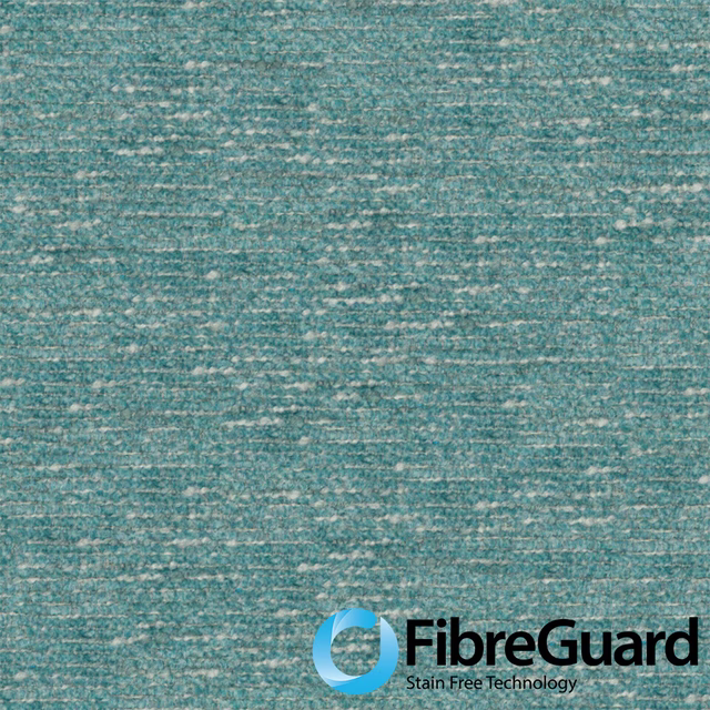 Muted aqua-teal Brunswick fabric with pale flecked horizontal weave and FibreGuard logo