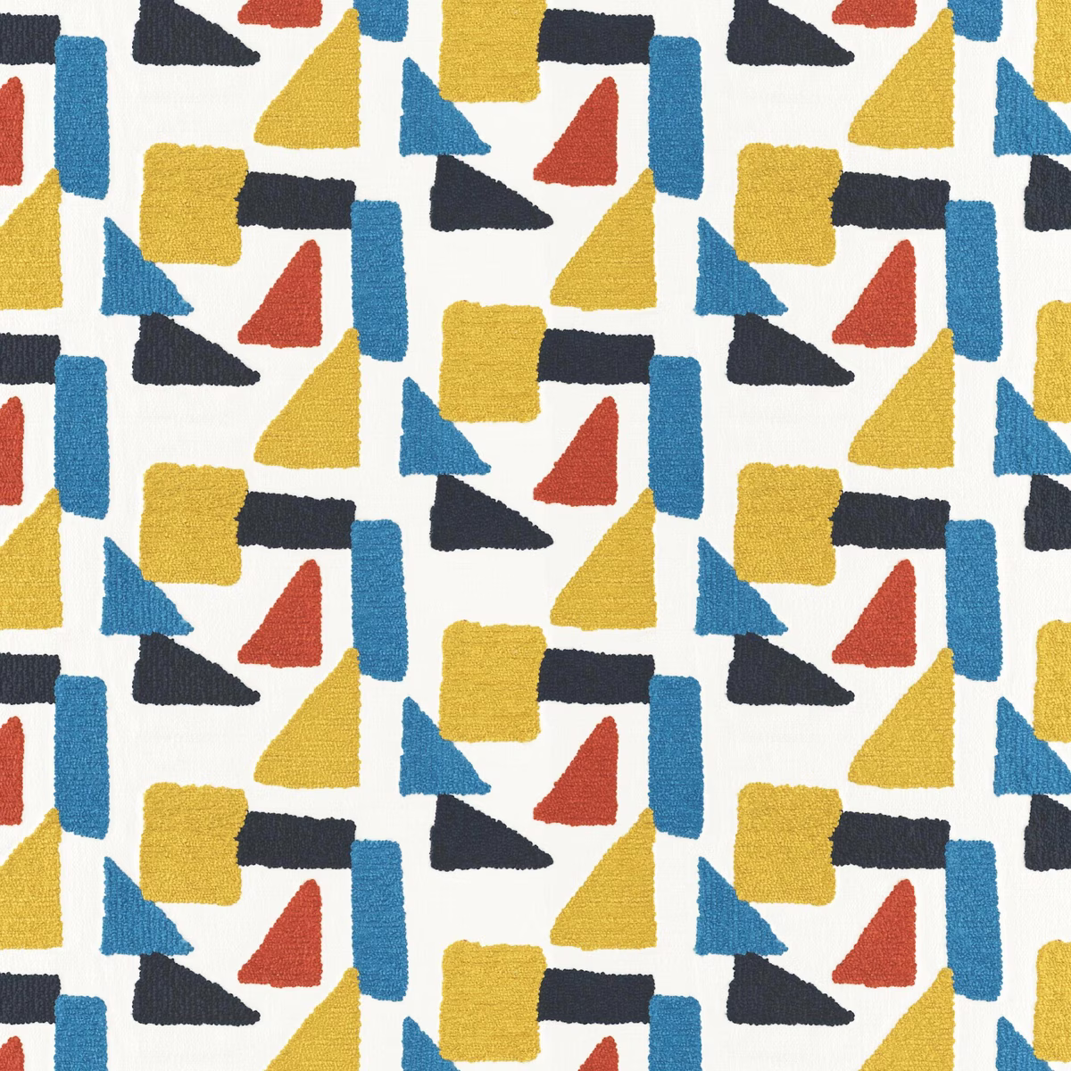 White textured fabric with mustard, blue, charcoal and rust geometric shapes