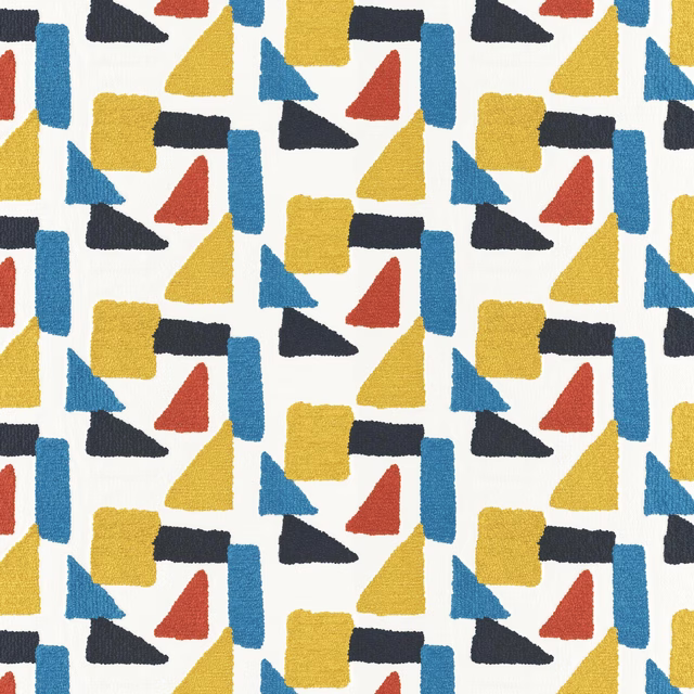 White textured fabric with mustard, blue, charcoal and rust geometric shapes