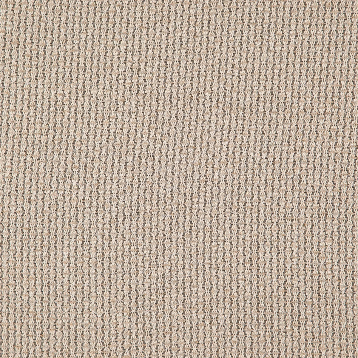 Close-up of warm oat-beige woven fabric with fine taupe vertical texture