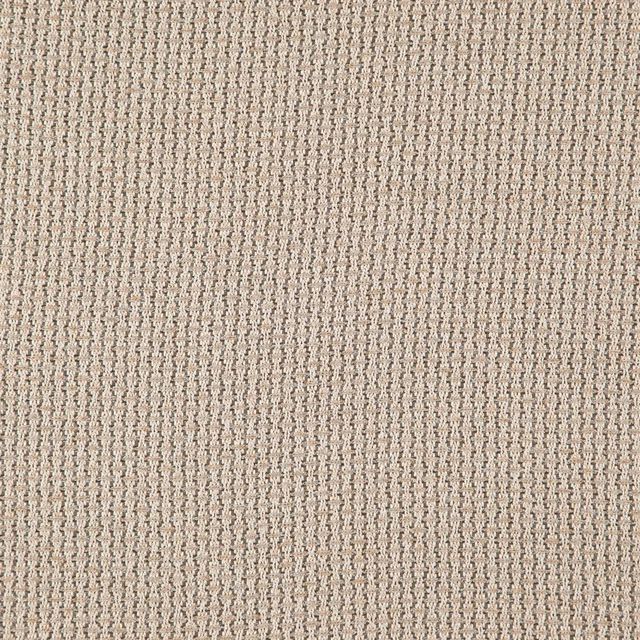 Close-up of warm oat-beige woven fabric with fine taupe vertical texture