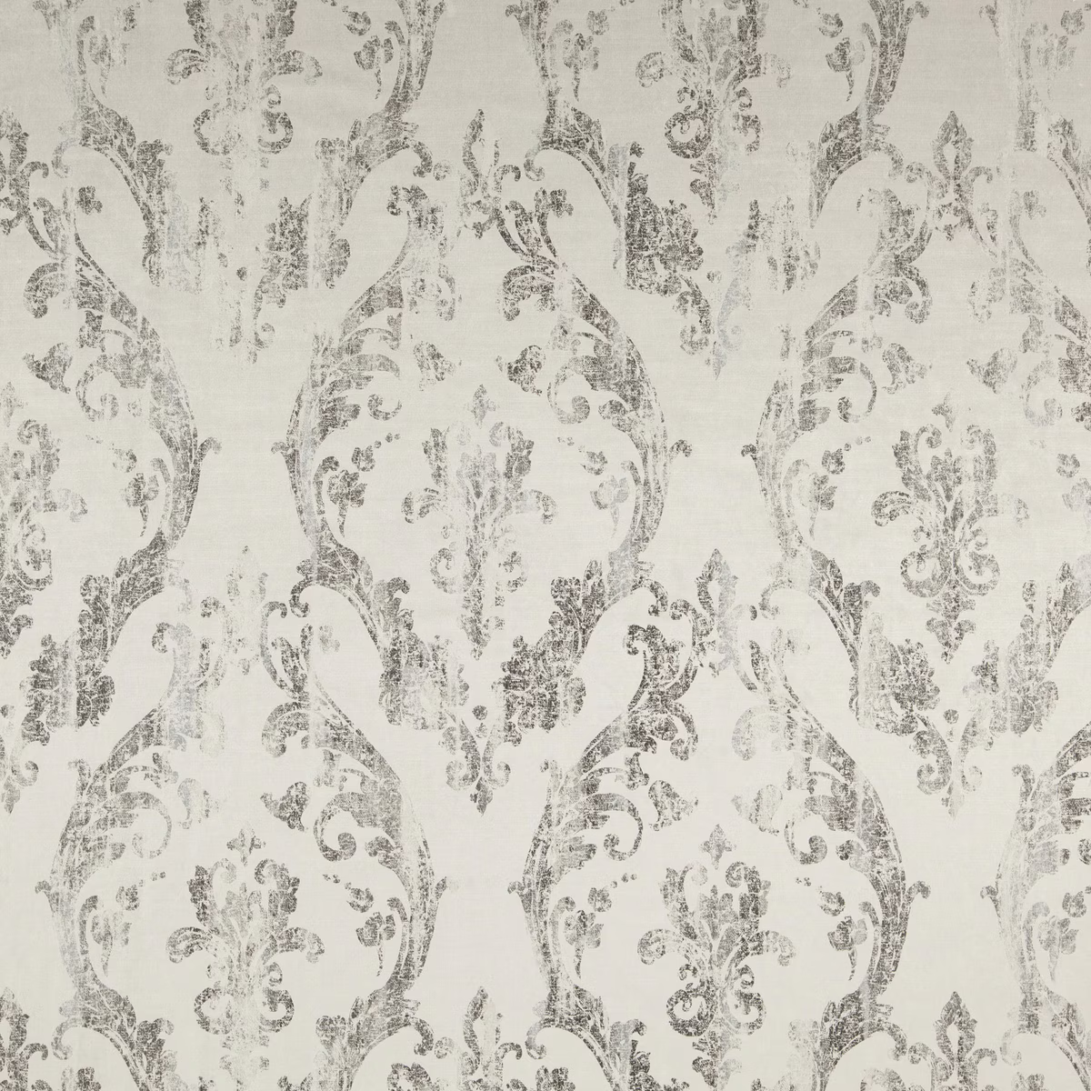 Pale ivory Catalina fabric with softly distressed grey damask scrolls in a repeating layout