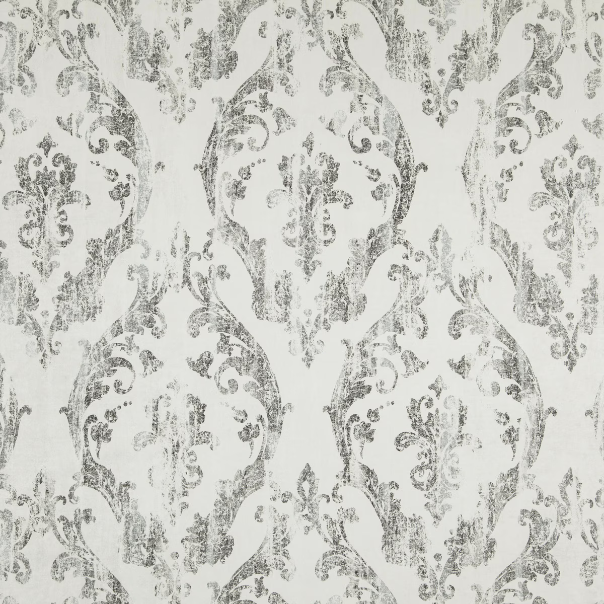 Pale cloud cream fabric with distressed grey damask scrolls and ornate medallions