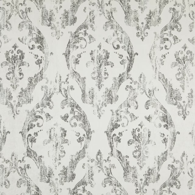 Pale cloud cream fabric with distressed grey damask scrolls and ornate medallions
