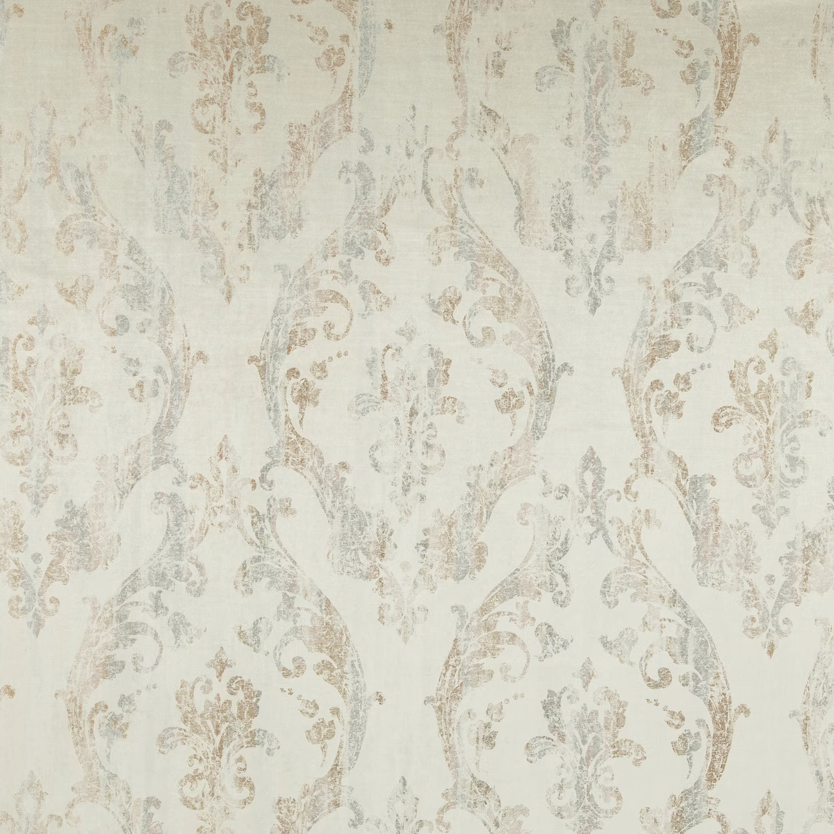 Pale cream damask with faded taupe-grey scrolls and a softly woven surface
