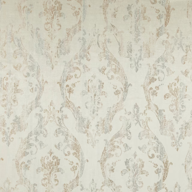 Pale cream damask with faded taupe-grey scrolls and a softly woven surface