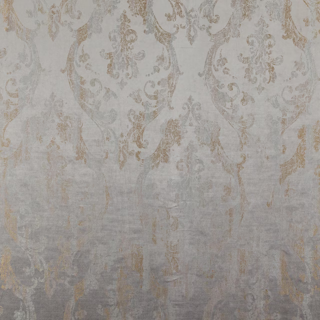Pale blue-grey woven fabric with faded taupe damask scrolls and distressed texture