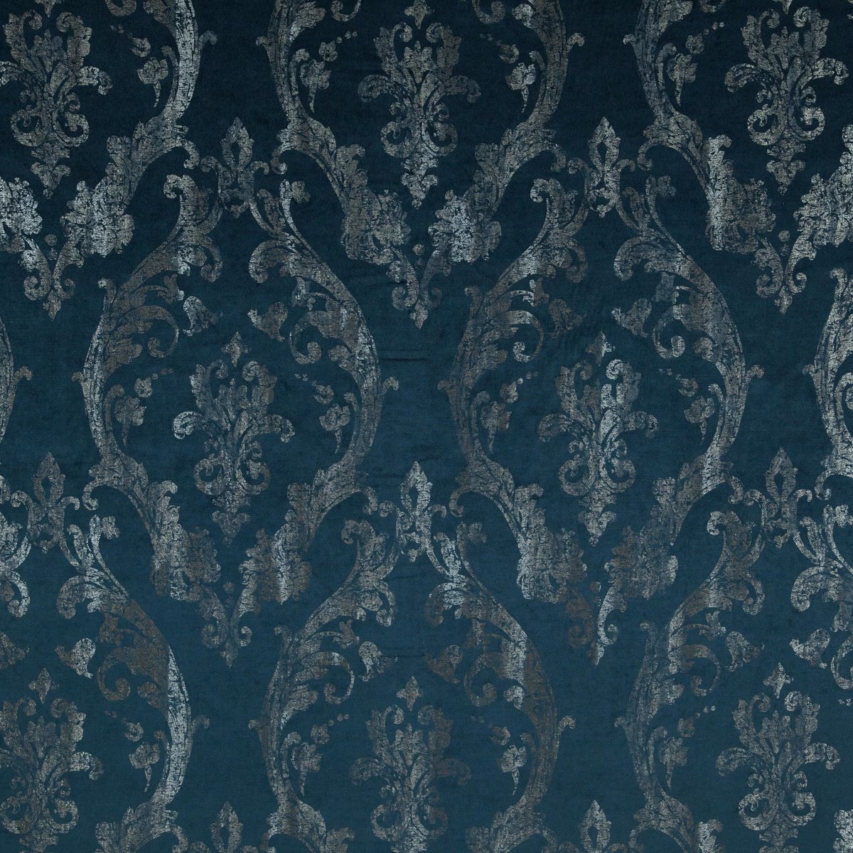 Deep teal damask with distressed silver-grey scrollwork and a softly textured surface