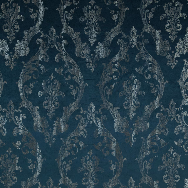 Deep teal damask with distressed silver-grey scrollwork and a softly textured surface