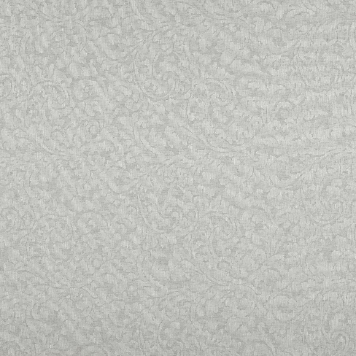 Pale smoke-grey woven swatch with delicate tonal scrolling botanical motifs