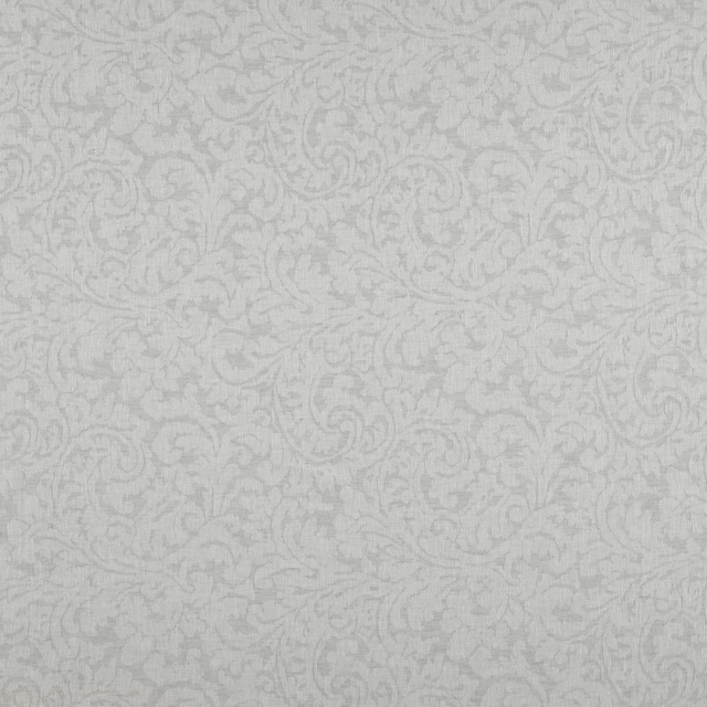 Pale smoke-grey woven swatch with delicate tonal scrolling botanical motifs