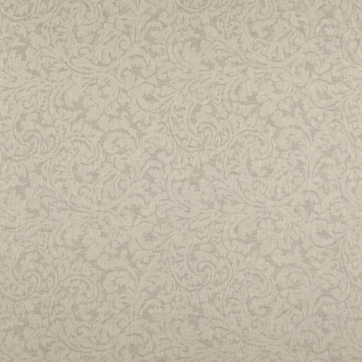 Putty greige woven fabric with fine scrolling damask motifs and subtle tonal texture