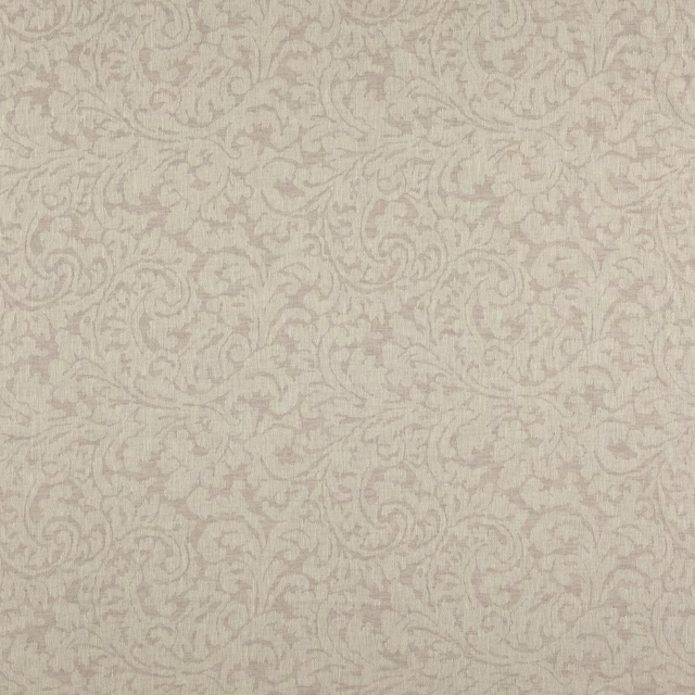 Putty greige woven fabric with fine scrolling damask motifs and subtle tonal texture
