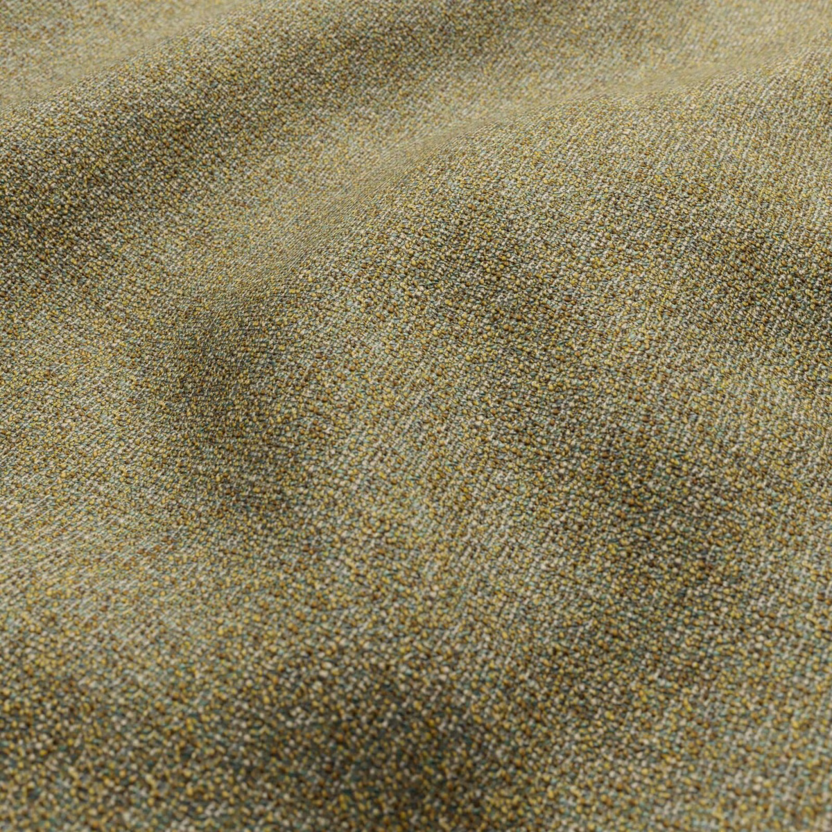 Mottled olive taupe woven upholstery cloth with mustard flecks and pebbled texture