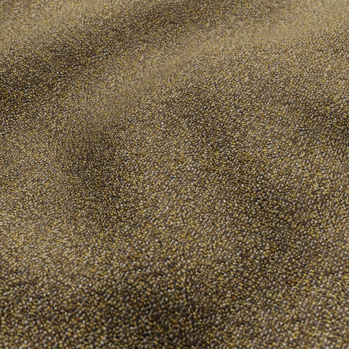 Close-up of olive-brown woven textile with tiny golden flecks and pebbled texture