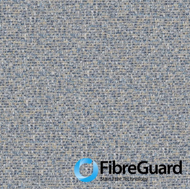 Close-up of muted blue-grey woven fabric with pale beige flecks and tactile texture