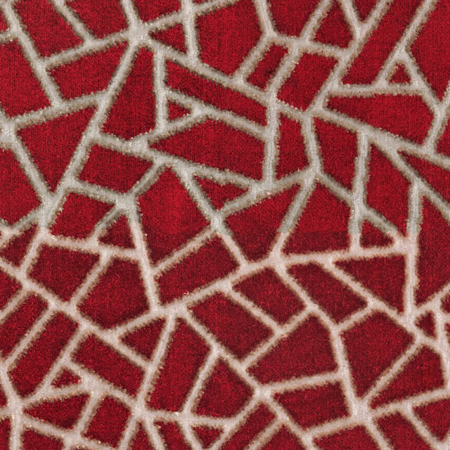 Close-up of burgundy woven fabric with irregular cream geometric lines