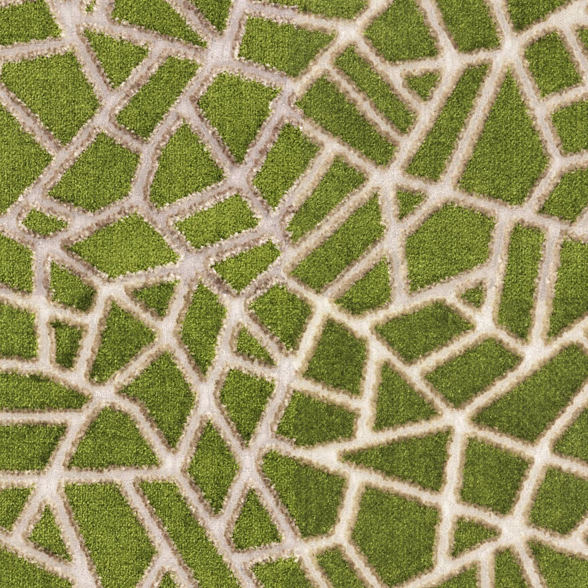 Muted herb-green woven fabric with cream taupe irregular geometric network lines