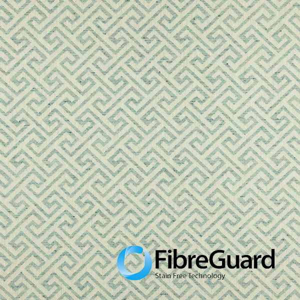 Pale cerulean and ivory woven fabric with repeating angular meander pattern