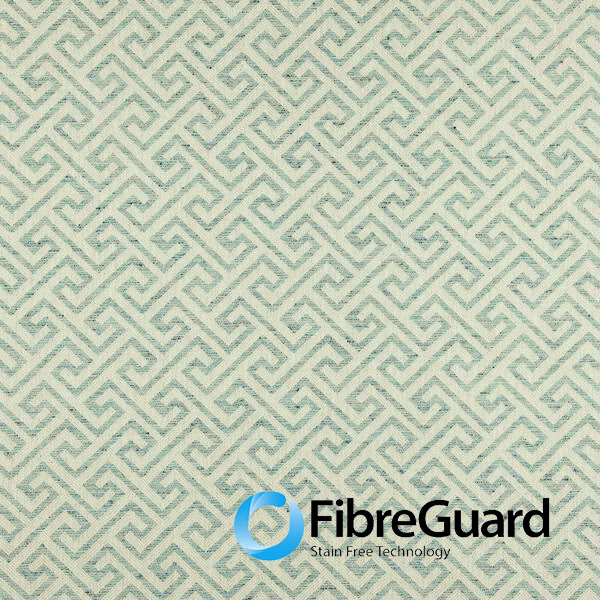 Pale cerulean and ivory woven fabric with repeating angular meander pattern