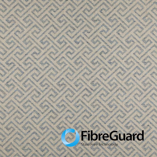 Muted lagoon and ivory woven fabric with a softly textured geometric maze motif