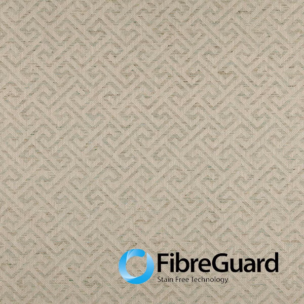 Pale greige woven fabric with taupe angular maze motifs and subtle slub texture