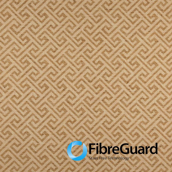 Warm taupe-beige textile with repeated angular maze lines and a tactile surface